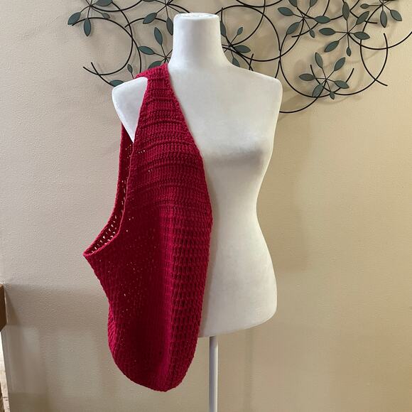 Handmade Red Crochet Granny Bottom Large Stretchy Shoulder Bag Market Tote Tote - Picture 11 of 11